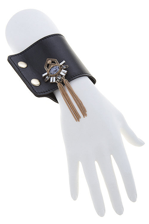 Jeweled Tasseled Leather Cuff
