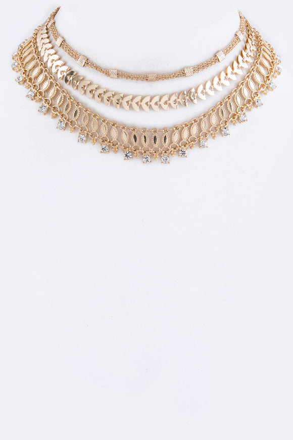 Gold Crystal Mix Chain & Choker Necklaces Set